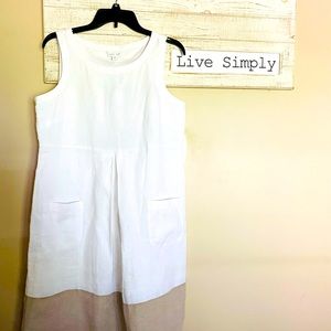 SOLD-Super chic white/ tan linen j.jill dress.   Brand new, and size small